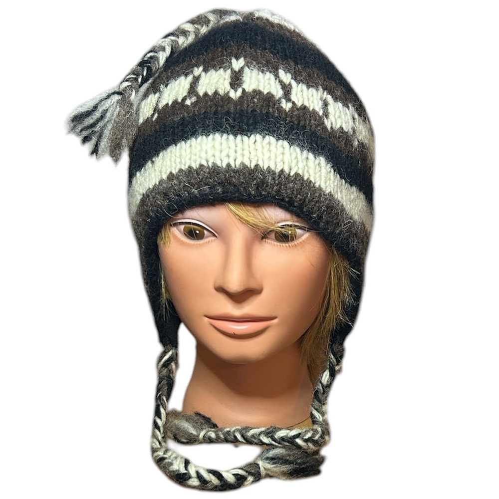 Hand knit wool earflap beanie hat fleece lined brown cream Nepal unisex